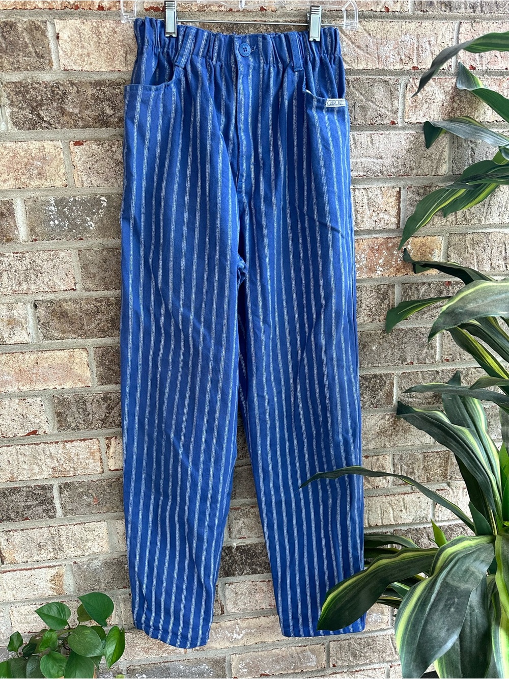 Vtg Cotton Made in USA Cherokee Railroad Striped Paperbag Waist Pants
